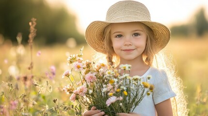 Young girl in straw hat picking wildflowers during golden hour in a vibrant meadow, enjoying a sunny day outdoors
