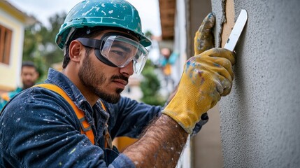 Man working on wall repair, wearing hard hat and"Worker applying cement to a building wall" safety gloves.