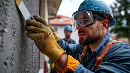 Construction worker using a circular saw to cut into cement or concrete wall.