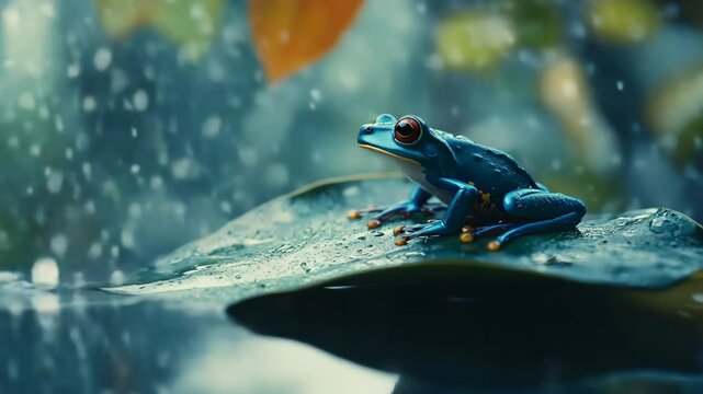 A frog is sitting on a leaf in the rain. The frog is blue and has red eyes