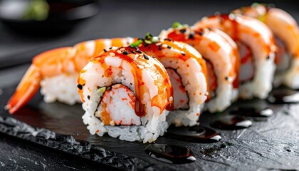 Sushi rolls with shrimp, crab, rice, and sauce on a black stone plate, closeup, dark background