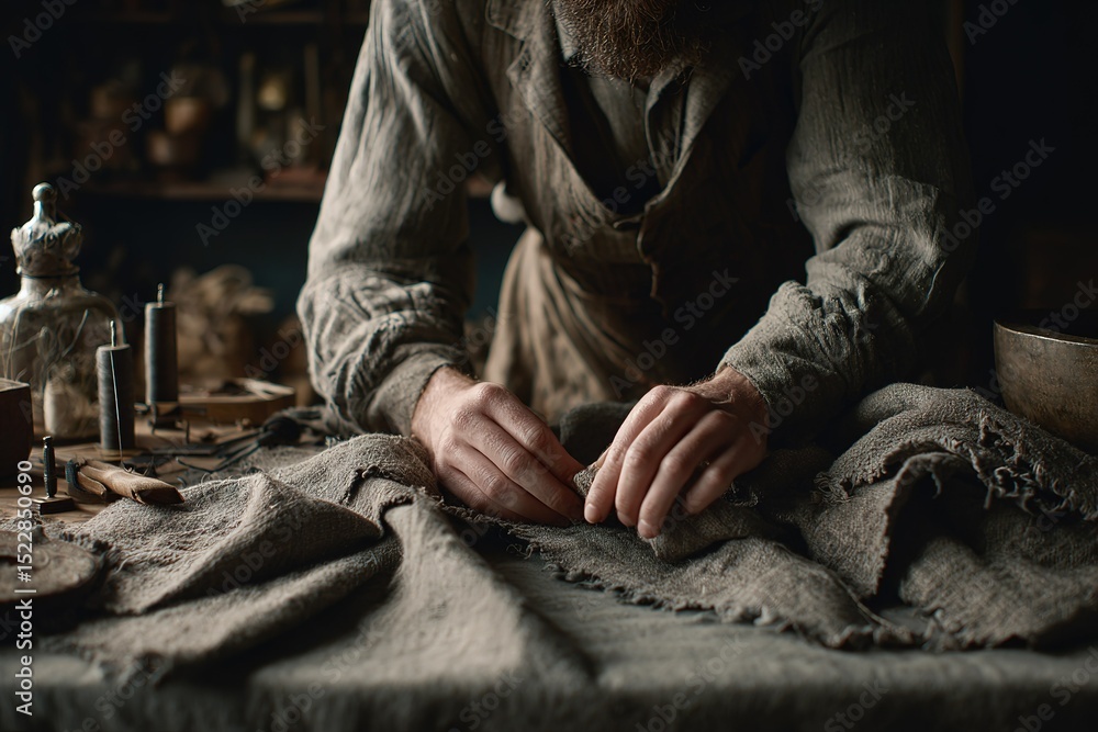 Poster crafting linen fabric in a rustic workshop with traditional techniques and an artisan's touch during