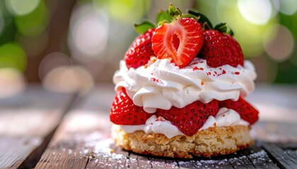 Strawberry shortcake ripe berries and cream on biscuit, bokeh background