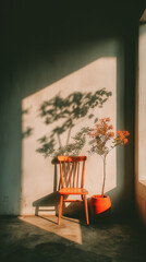 Sunlit Still Life Chair, Plants, and Shadow Play in a Room