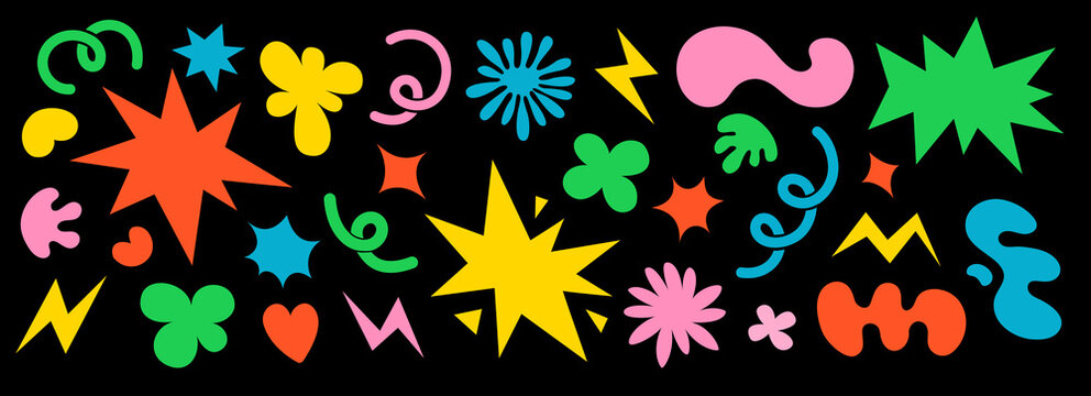 Naklejki Abstract clouds and flowers shapes sticker set. Groovy funky flowers, bubbles, stars, loops and waves in trendy retro cartoon style. Vector illustration with wavy elements.