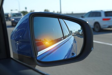 Reflection of a sunset in a side mirror while cruising on a busy highway during late afternoon