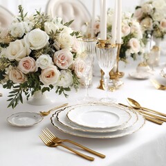Elegant wedding table setting with floral centerpiece gold accents and luxury dinnerware for event decor