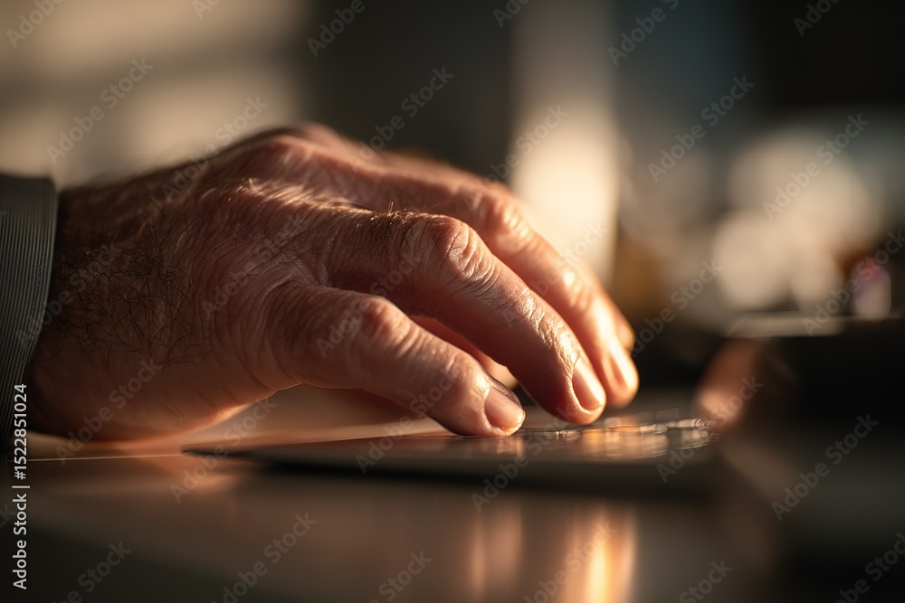 Poster close-up of a person's hand using a computer mouse in a softly lit workspace during evening hours