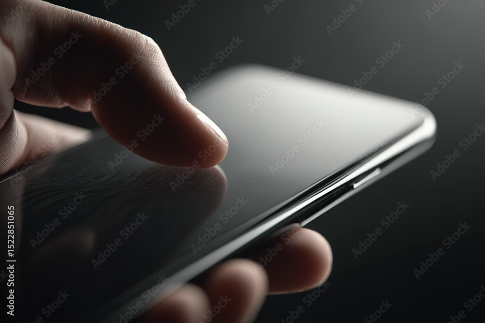 Poster close-up of a hand interacting with a smartphone in a dimly lit setting showcasing modern technology