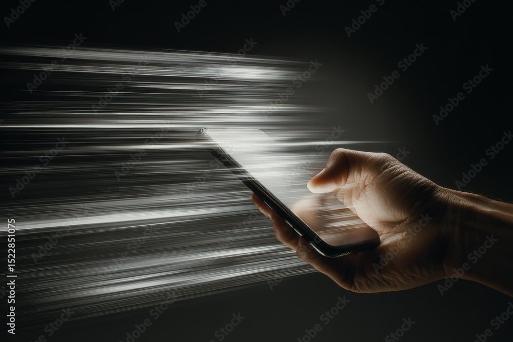 Poster dynamic smartphone interaction showcases speed and connectivity in a dark environment