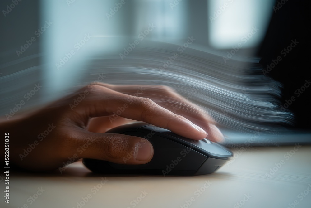 Aufkleber fast hand movement on a computer mouse during an intense gaming session in a dimly lit room