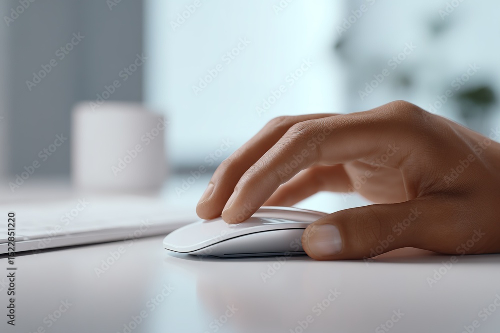 Poster hand using a computer mouse while working at a desk in a bright modern office setting in the afterno