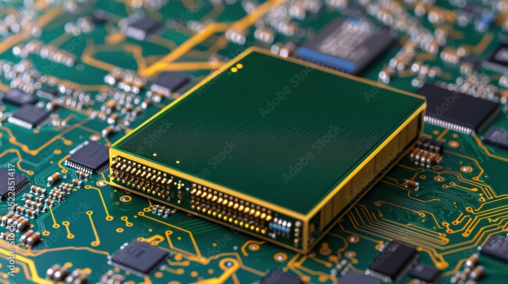 Poster a close-up of a green microchip on a printed circuit board, highlighting intricate electronic compon