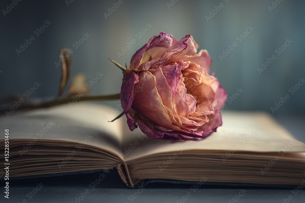 Poster dried rose rests on open book creating a serene and nostalgic atmosphere in a quiet reading nook