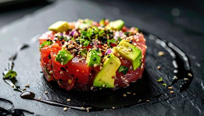 Tuna tartare tower with avocado and sesame seeds on dark slate, drizzled sauce