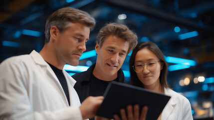 A collaborative team reviewing a prototype in a workshop