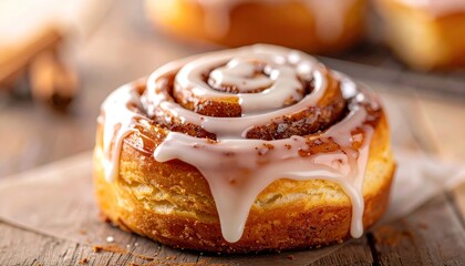 Iced cinnamon roll on wood. Swirled pastry dripping frosting, tasty treat