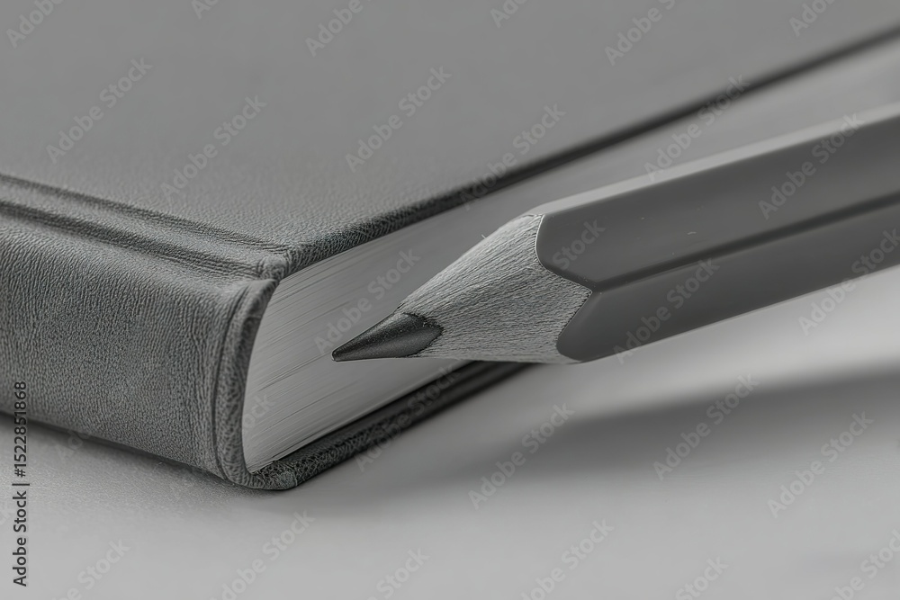 Poster close-up of a graphite pencil resting on the edge of a leather-bound notebook on a smooth surface