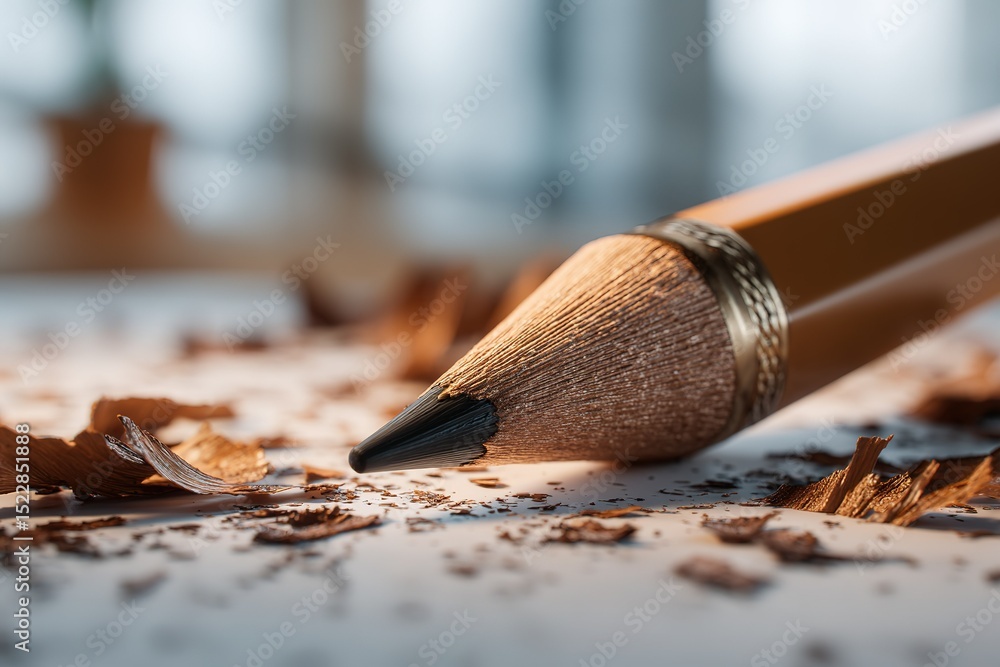 Poster close-up view of a sharpened pencil resting on a sheet of paper surrounded by wood shavings in a wel