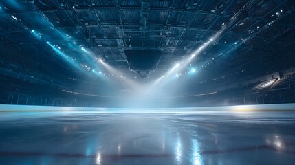 Empty ice rink under stadium lights, a quiet moment before the game begins	