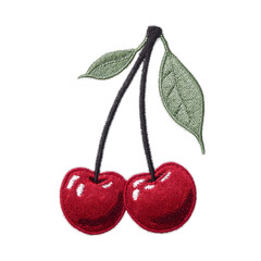 Vibrant embroidered patch featuring two red cherries with green leaves, showcasing intricate stitching and playful design. Perfect for adding touch of fun to clothing or accessories