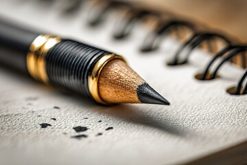 Fototapeta premium Close-up of a sharpened pencil resting on a textured notepad showing signs of creativity and preparation for writing