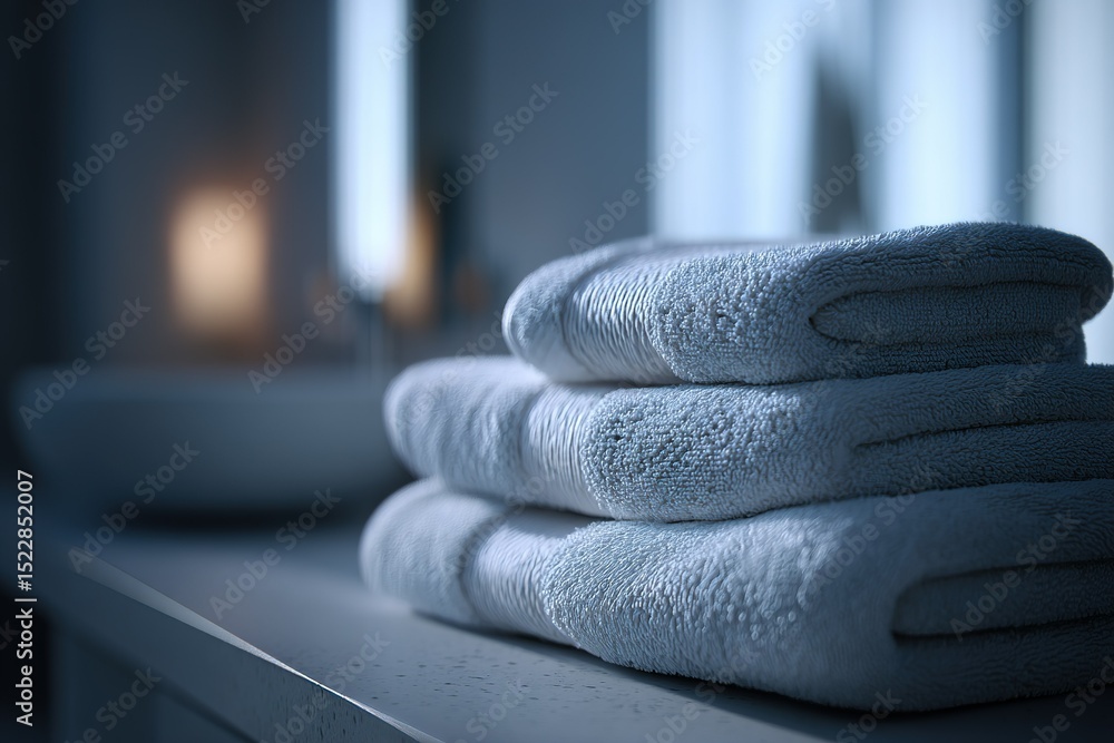 Aufkleber soft towels neatly stacked on a bathroom countertop in low lighting creating a calm and tranquil atm