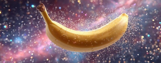 pop art banana layout Banana Floating in Cosmic Space with Glitter Effect and Stars surreal banana food styling banana in minimal graphic scene