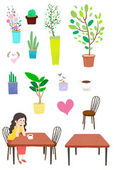 set of cafe whith dog and plants