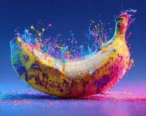 pop art banana layout Colorful Splashing Banana with Vibrant Paint Splatter Effects surreal banana food styling banana in minimal graphic scene