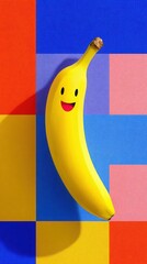 pop art banana layout Bright Banana with a Smile Against Colorful Geometric Background surreal banana food styling banana in minimal graphic scene