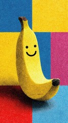 pop art banana layout Happy Banana Character on Colorful Background with Smiling Face surreal banana food styling banana in minimal graphic scene