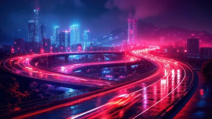 Obraz premium Neon city highway at night