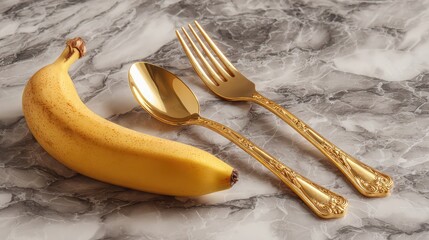 pop art banana layout Golden Cutlery Next to a Fresh Banana on a Marble Surface surreal banana food styling banana in minimal graphic scene