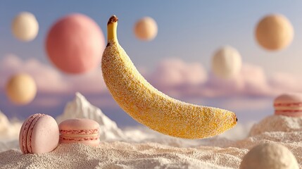 pop art banana layout Floating Banana in Dreamy Landscape with Macarons and Abstract Shapes surreal banana food styling banana in minimal graphic scene