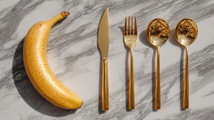 pop art banana layout Golden Cutlery and Banana on Elegant Marble Surface surreal banana food styling banana in minimal graphic scene