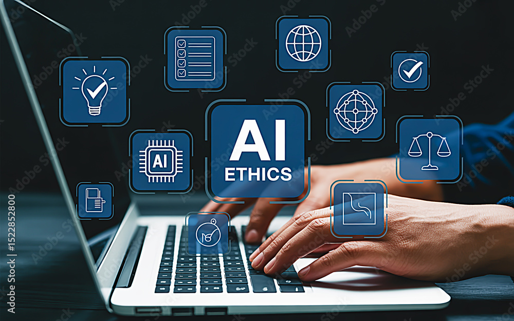 Poster ai ethics at work: a person working on a laptop, interacting with ai ethics concepts in a futuristic