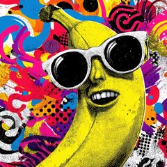 pop art banana layout Colorful Illustration of a Banana Wearing Sunglasses with Smiley Face surreal banana food styling banana in minimal graphic scene