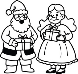 Cartoon Santa Claus and Mrs Claus with gifts in black outline