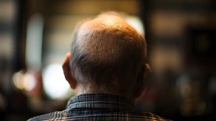 Elderly gentleman in a barber chair, warm light on his face. A timeless moment of care and tradition