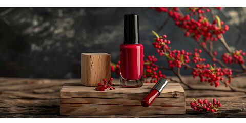 Bold Red Beauty: Nail Polish and Lipstick with Festive Berries background

