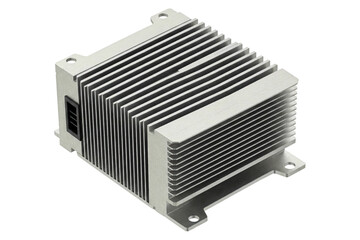 Fototapeta premium Silver heat sink with cooling fins and mounting tabs isolated on a transparent background