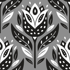 Seamless black and white tulip folk pattern on gray background