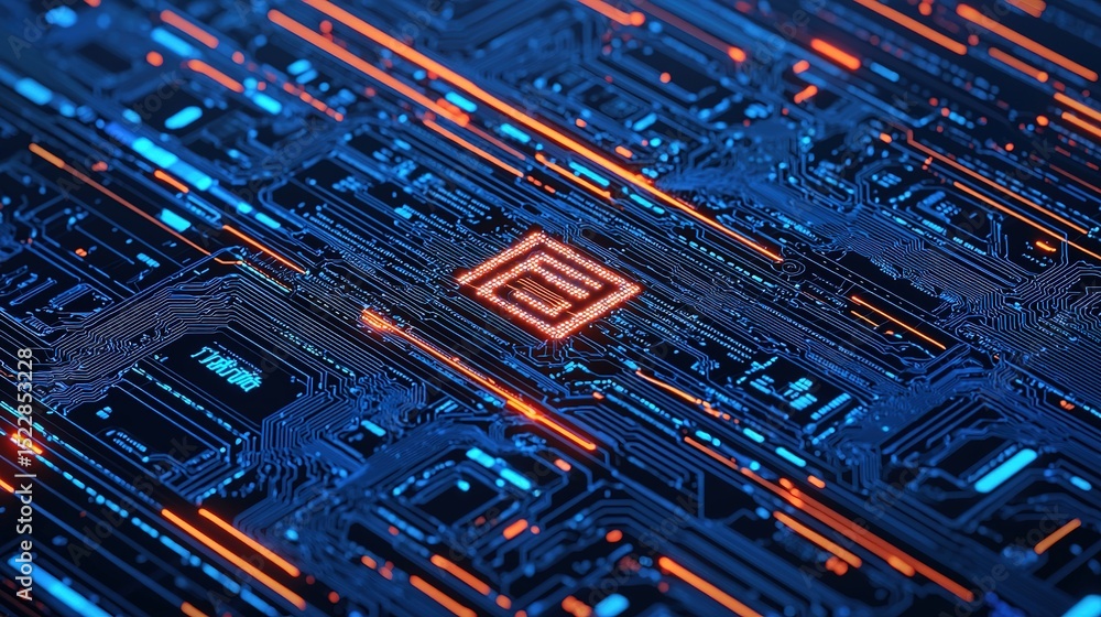Poster a glowing microchip at the center of a futuristic, illuminated circuit board with blue and orange li
