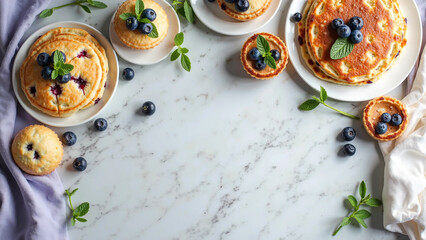 National Blueberry Month – Homemade Blueberry Pancakes and Pastries on Marble Background
