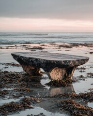 Tranquil coastal seascape with Travertine table during sunset at the beach