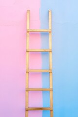 Elegant gold ladder leaning on a soft pink and blue gradient wall for a stylish interior decor