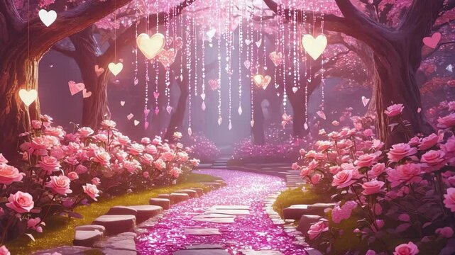 Spring in the park , there are lot of hearts and pink flowers around , valentine mood , 4K video.