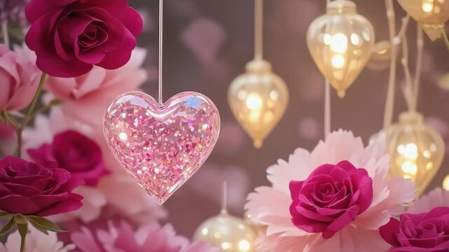 Close up a lot of heart and rose flowers pink color tones , valentine day , Video.