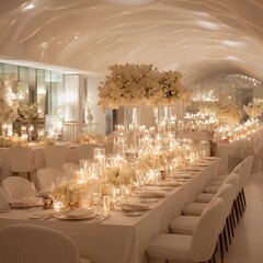 Elegant white wedding reception decor ideas with candles and floral centerpieces for luxury event planning